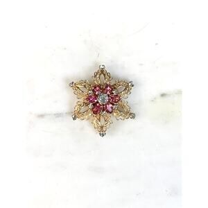Vintage Scitarelli Pink Rhinestone Starburst Brooch Pendant Gold Tone Filigree